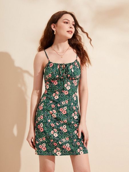 

x yuan xu floral print tie front ruched bust cami dress p4hg#, Black;gray