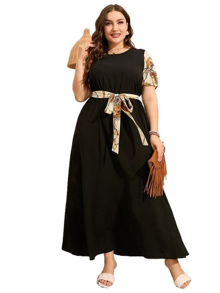 

plus contrast chain sleeve belted maxi dress 73xz#, Black
