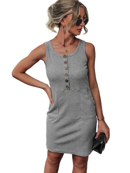 

half button slant pocket dress 39go#, Black;gray