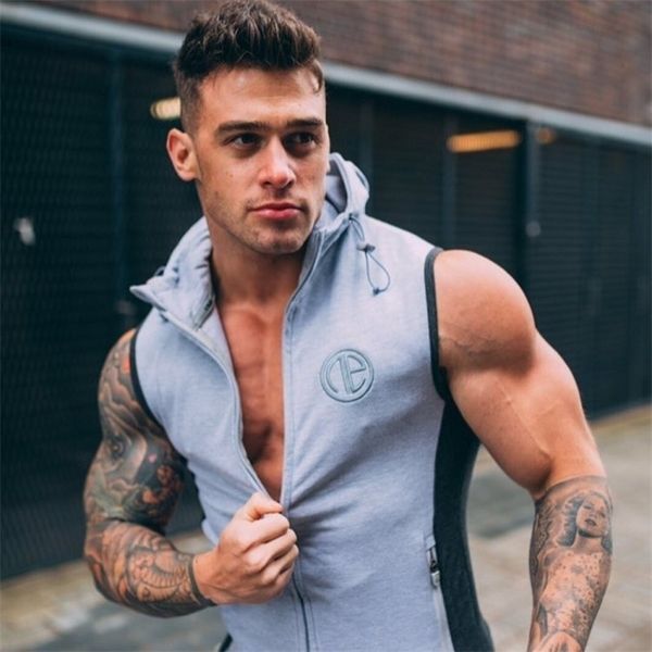 Mens Gyms Hoodie Singlets Sweatshirts ärmellose Hoodies Druck Bodybuilding Fitness männliche Weste Hemden Casual Hoodies LJ200826