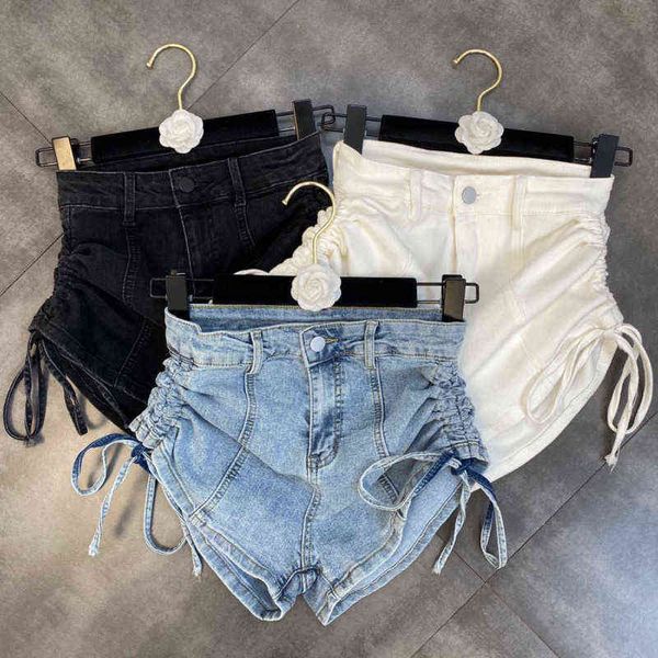 

premium summer design high waist side drawstring wide leg denim shorts women short jeans fashion gb968, Black;white