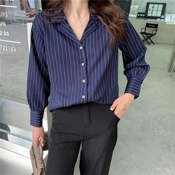 

fashion bf style striped print office ladies shirts women's blouses spring summer casual loose blusas mujer 210702, White