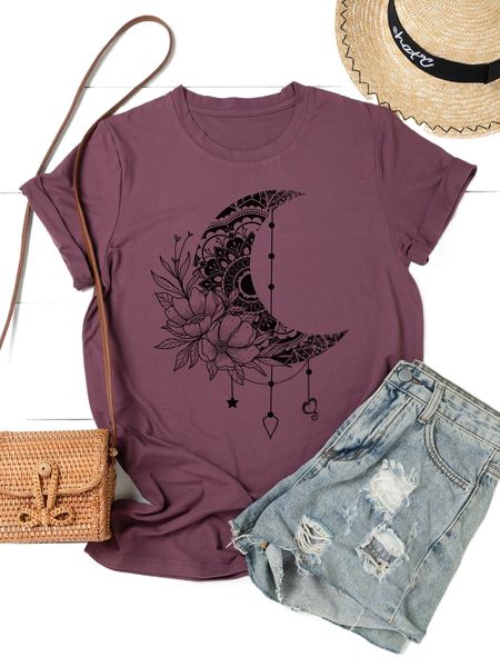 

plus moon & floral print tee u0uu#, Black