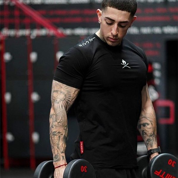 

men t shirts fashion summer bodybuilding letter printed tshirt gym fitness workout o neck show muscle 220620, White;black