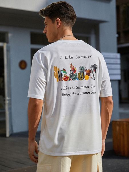 

men slogan & tropical print tee s9gi#, White;black