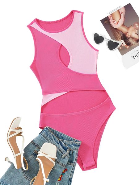 

colorblock rib-knit wrap cut out bodysuit v15a#, White