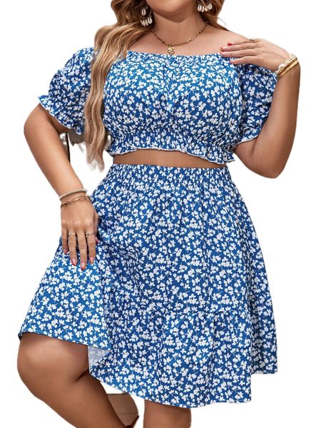 

plus ditsy floral off the shoulder blouse & skirt r1ep#, Black