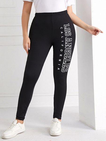 

plus letter graphic high waist leggings u3th#, Black