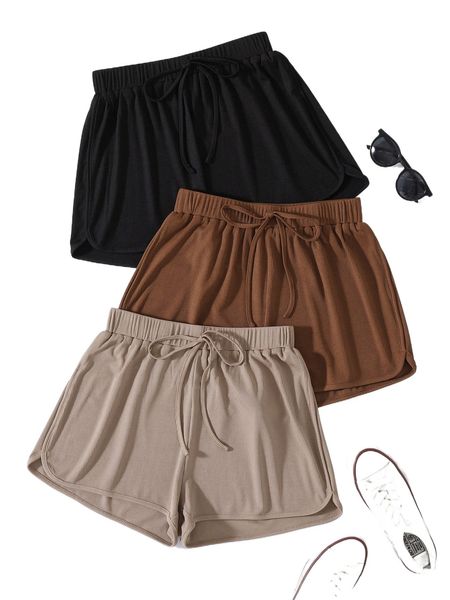 

3pcs ribbed knit tie waist shorts z2pi#, White;black