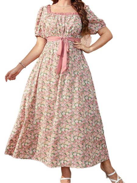 

plus allover floral print frill trim puff sleeve belted dress v8xa#, Black