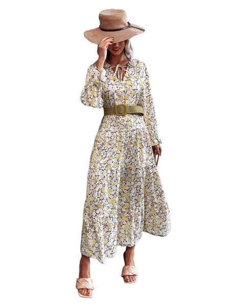

floral print tie neck flounce sleeve dress without belt l1q5#, Black;gray