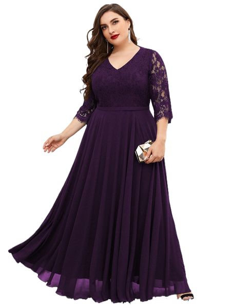 

plus v-neck lace panel chiffon prom dress w7pf#, Black