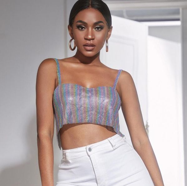 Frauen Sexy Strass Cropped Tops Camisoles Rohr Top Weibliche Streetwear Ärmellose Spaghetti Strap Backless Aushöhlen Camis