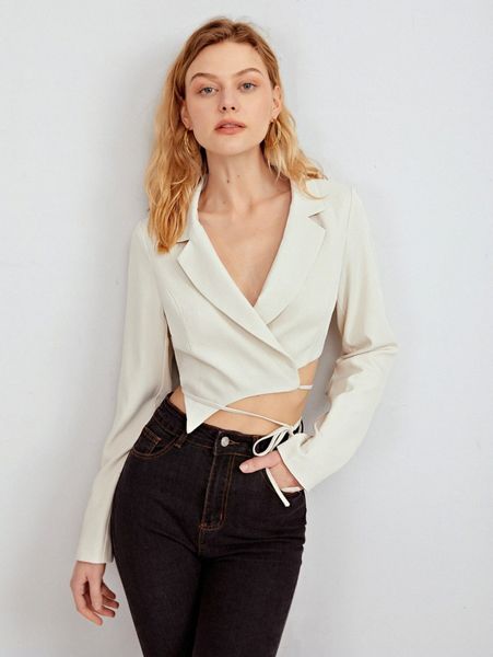 

x adoniabree asymmetrical hem tie front crop blazer i06y#, White