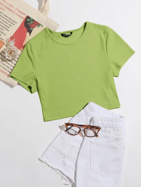 

solid rib knit crop tee a85e#, White