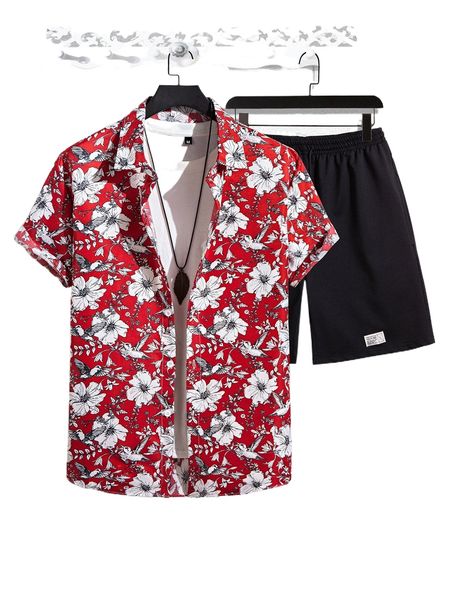 

men random floral print shirt & patch detail shorts without tee p1ag#, Gray