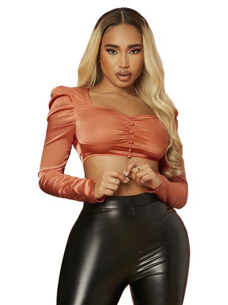 

sxy square neck button front satin 42sv#, White