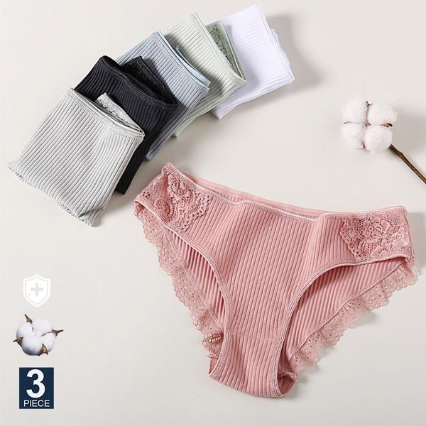 

3pcs set cotton panties women underwear lace brief for female panty lingerie low waist floral culotte femme, Black;pink