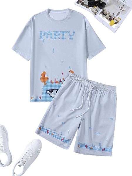 

men cartoon & letter graphic tee & shorts w2ms#, Gray