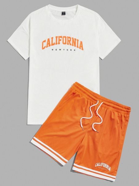 

men letter graphic tee & striped print shorts set 03qe#, Gray