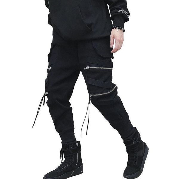 

hip hop streetwear joggers men black zipper ribbons harem pants cotton casual slim street style ankle length sweatpants 201128