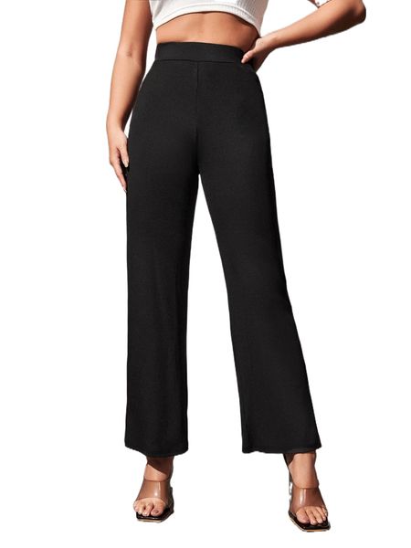 

petite solid ribbed elastic waist pants g8sm#, Black;white