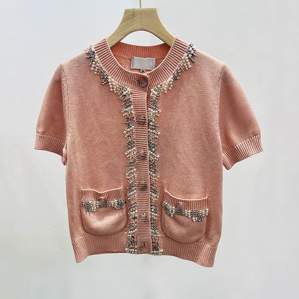 

226 2022 milan style spring summer brand same style sweater print beads short sleeve crew new pink white pullover women clothes xue, White;black