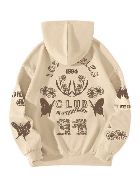

slogan & butterfly print thermal hoodie h8bp#, Black