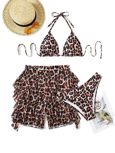 

plus leopard triangle bikini swimsuit & cover up shorts j4li#, White;black
