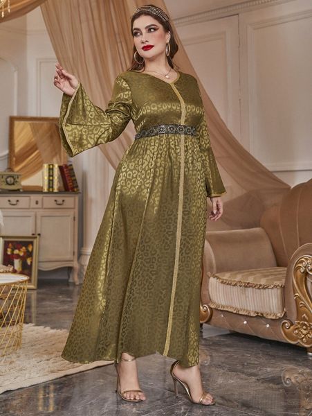 

plus leopard jacquard contrast tape flounce sleeve satin dress m64d#, Black