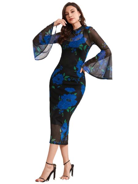 

floral print bell sleeve split back dress h2uv#, Black;gray