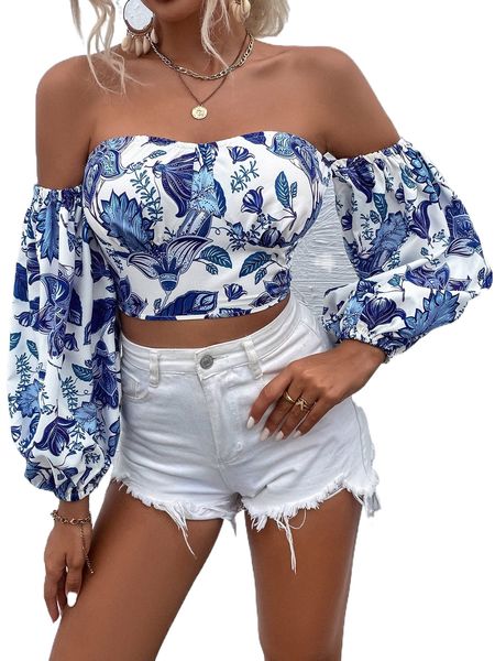 

floral print off shoulder shirred back lantern sleeve crop q7zl#, White