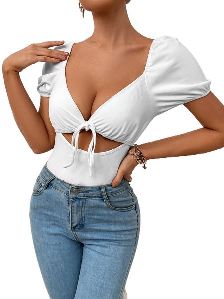

ribbed knit solid knot front cutout a8r7#, White