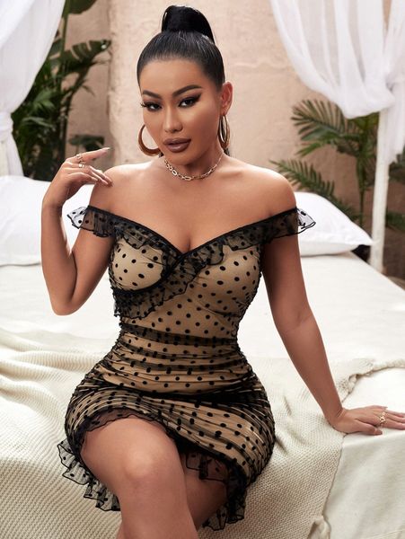 

off shoulder ruffle trim ruched polka dot mesh bodycon dress x32f#, Black;gray