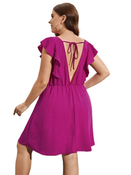 

plus ruffle trim tie back dress 896d#, Black