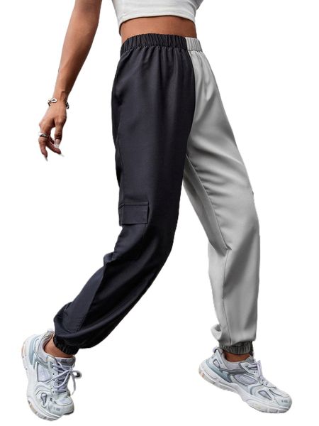 

two tone flap pocket cargo pants n7lp#, Black;white