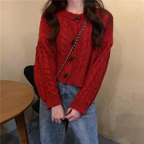 Kadın Sweaters Korna Düğmesi Sweater Sonbahar Kore tarzı Gevşek Dış Aşınma Retro Twist İnternet Ünlü Şık Uzun Kollu Haligan