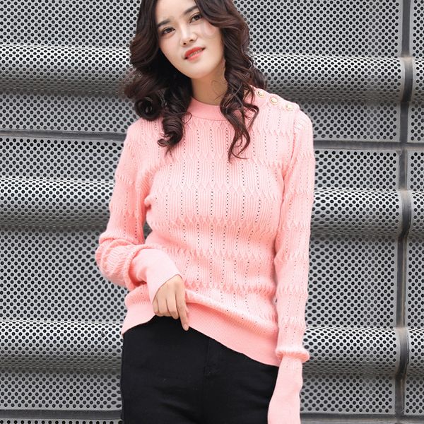 

women's knits & tees designer bianyifang 2021 early spring cashmere long sleeved round neck right shoulder metal buckle slim knit sweat, White