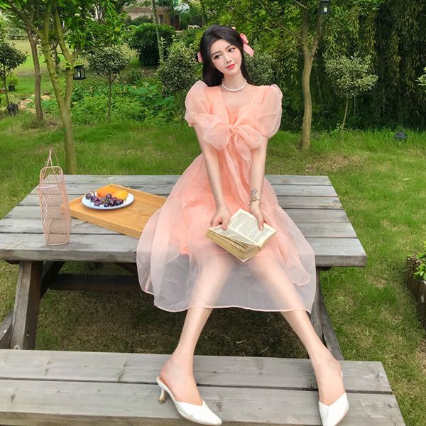 

pink bubble sleeve voluminous dress for women autumn organza fairy dress sweet french retro fragrance, Black;gray