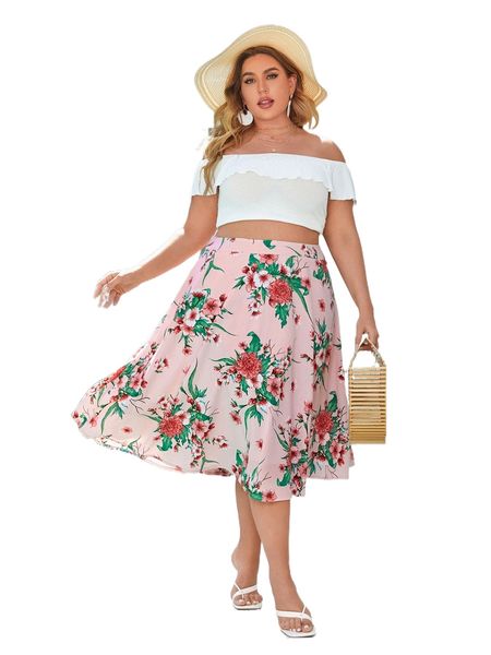 

plus floral print flare skirt b6em#, Black