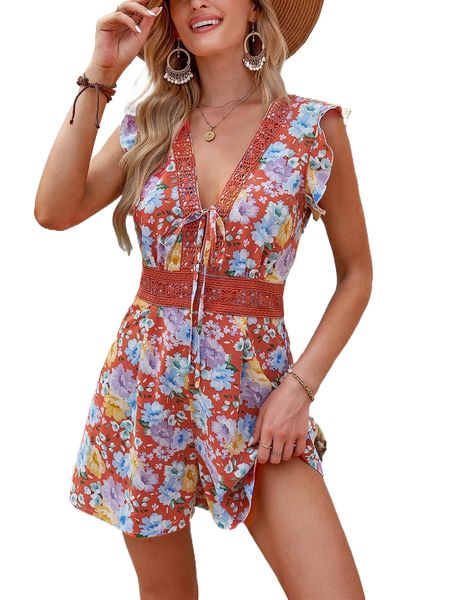 

floral print guipure lace panel ruffle sleeve knot front romper q6wa#, Black;white