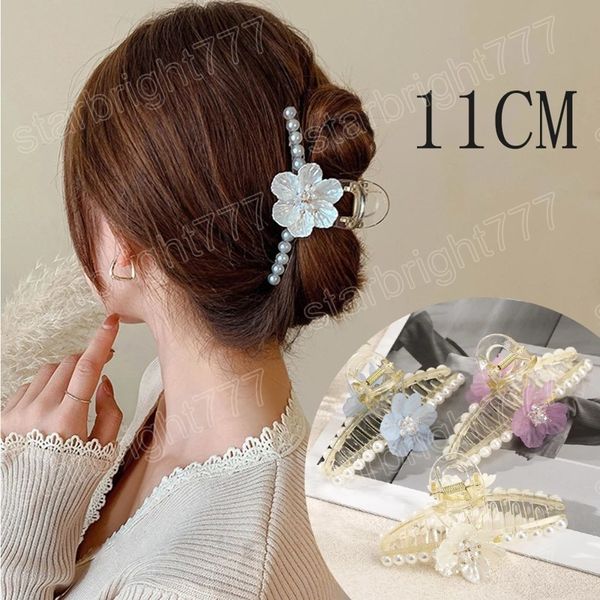 

korea pearl flower hair claw clip for women girls hair claws ponytail hairpins bath barrette headwear hair accessories, Slivery;white