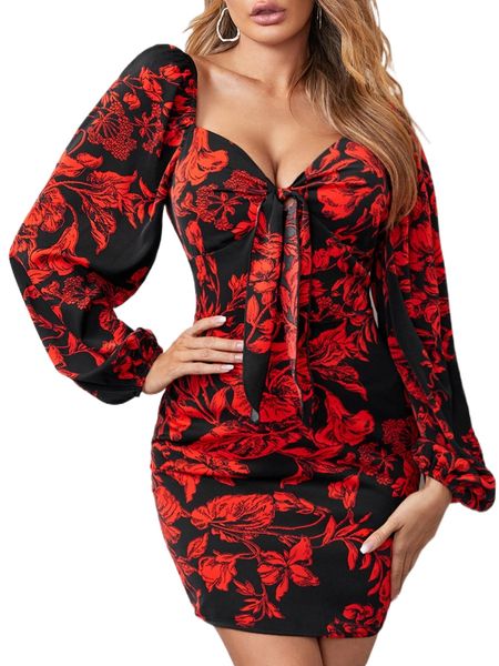

floral print lantern sleeve tie neck bodycon dress 76ar#, Black;gray
