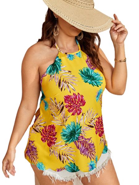 

plus floral print scallop trim halter 71h5#, Black