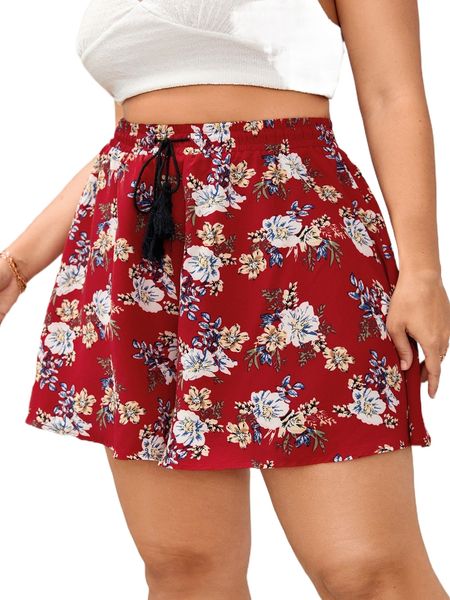 

plus tie front floral allover print wide leg shorts l0uh#, Black