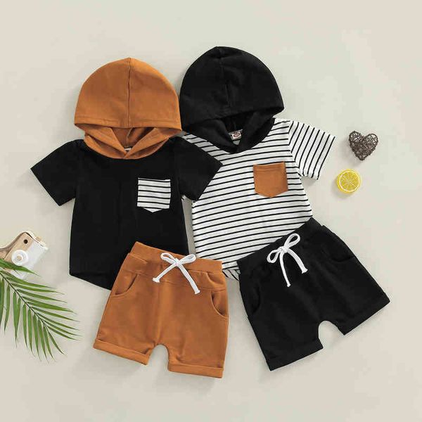 

citgeett summer kids boys outfits striped short sleeve hoodie pockets and casual shorts clothing set j220711, White