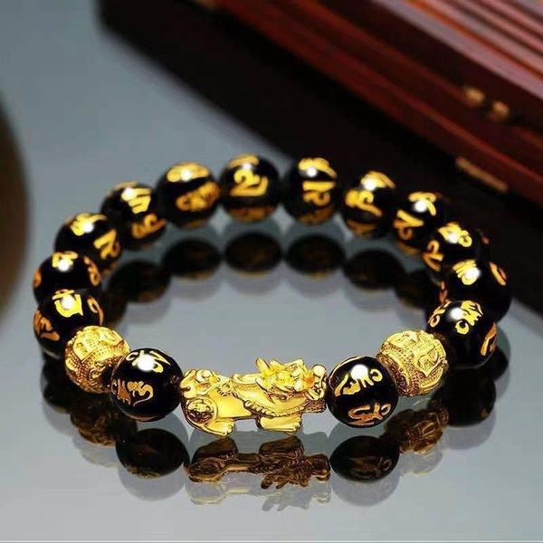 

charm bracelets 12mm obsidian stone beads bracelet men women wristband gold black pixiu wealth and good luck, Golden;silver