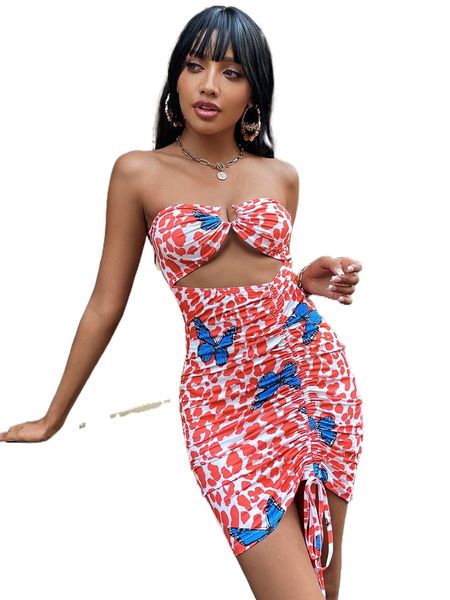 

leopard & butterfly print o-ring drawstring tube dress g4tm#, Black;gray