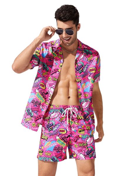 

men letter graphic shirt & drawstring waist shorts x3jv#, Gray