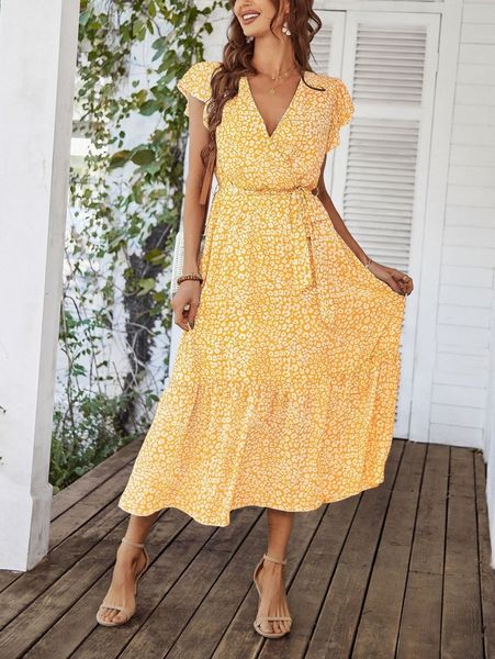 

ditsy floral print ruffle hem belted dress n8gi#, Black;gray